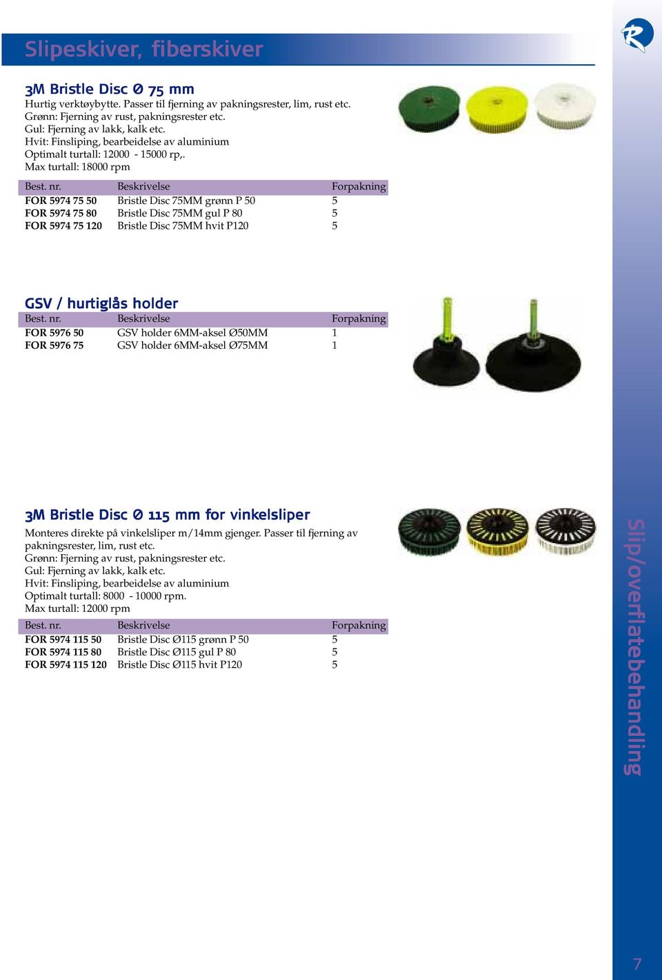 Max turtall: 18000 rpm FOR 5974 75 50 Bristle Disc 75MM grønn P 50 5 FOR 5974 75 80 Bristle Disc 75MM gul P 80 5 FOR 5974 75 120 Bristle Disc 75MM hvit P120 5 GSV / hurtiglås holder FOR 5976 50 GSV