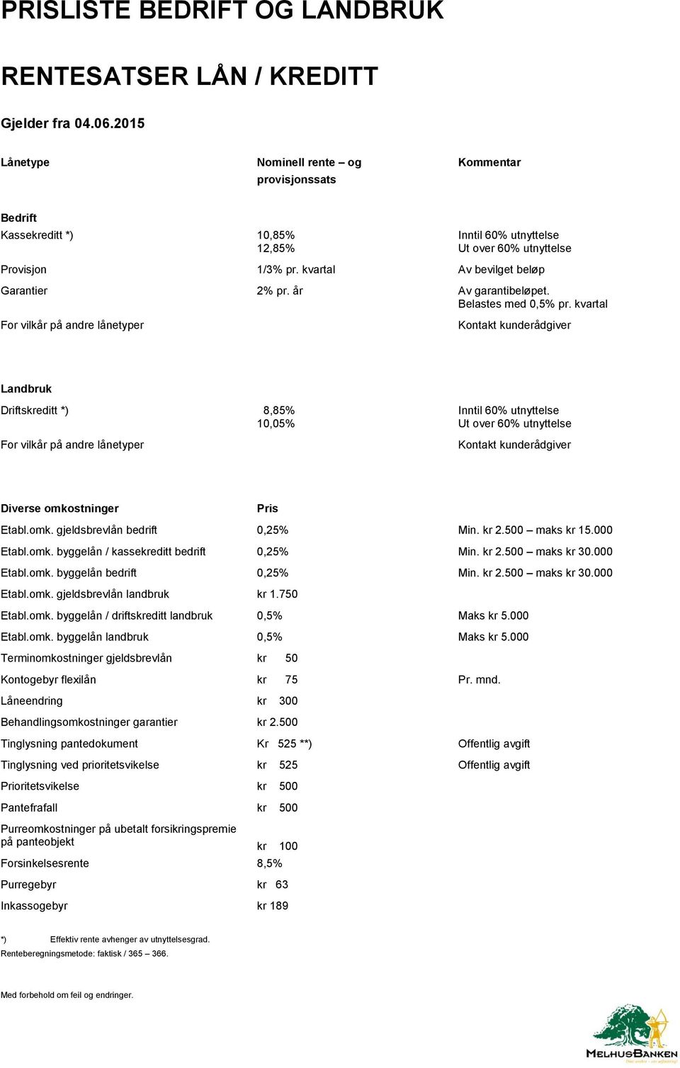 kvartal Av bevilget beløp Garantier 2% pr. år Av garantibeløpet. Belastes med 0,5% pr.