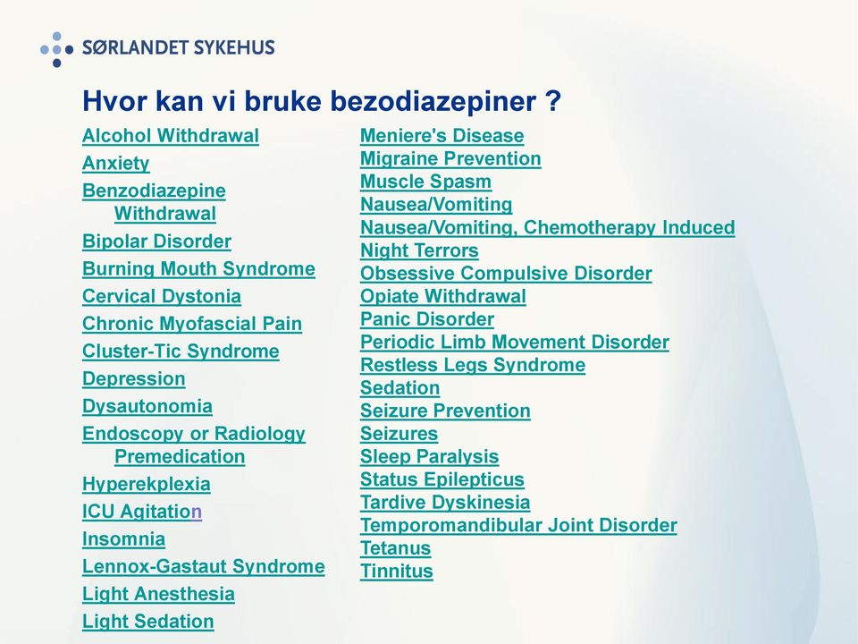 Endoscopy or Radiology Premedication Hyperekplexia ICU Agitation Insomnia Lennox-Gastaut Syndrome Light Anesthesia Light Sedation Meniere's Disease Migraine Prevention Muscle Spasm