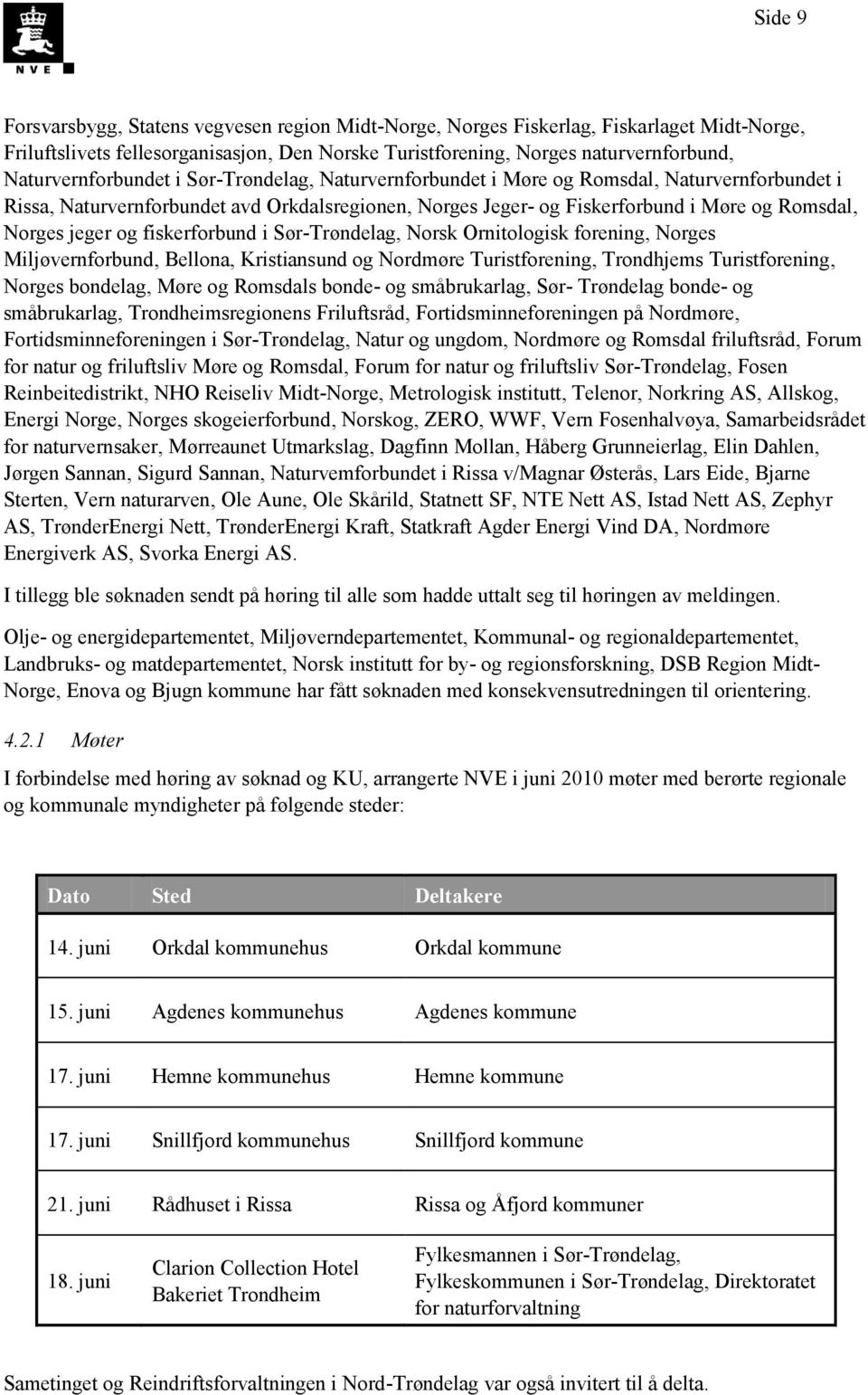 jeger og fiskerforbund i Sør-Trøndelag, Norsk Ornitologisk forening, Norges Miljøvernforbund, Bellona, Kristiansund og Nordmøre Turistforening, Trondhjems Turistforening, Norges bondelag, Møre og