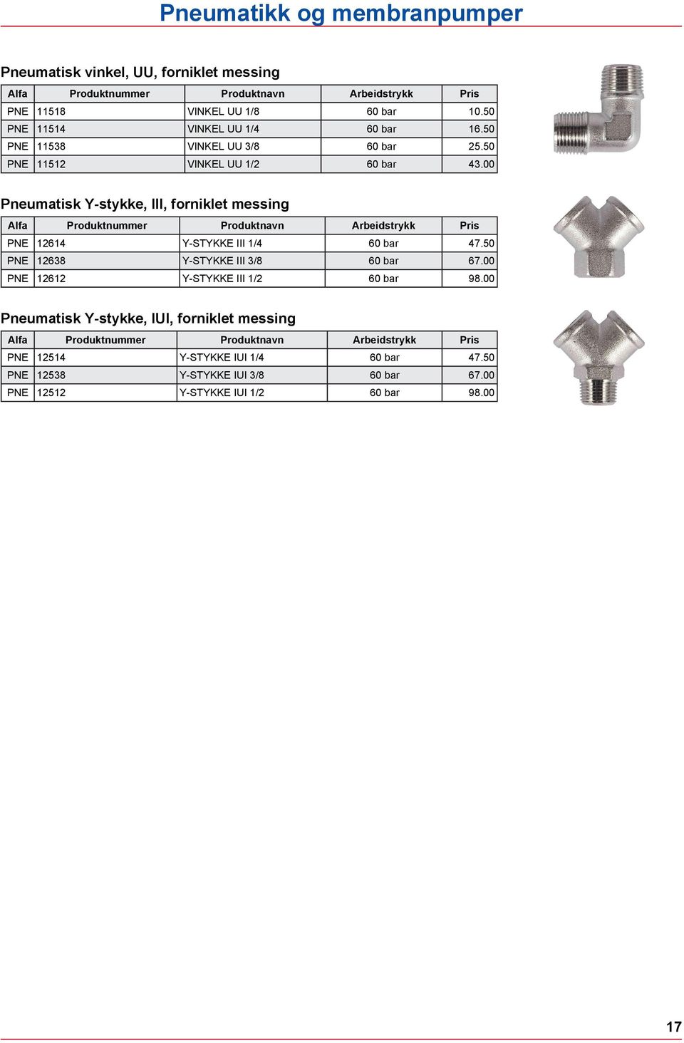 00 Pneumatisk Y-stykke, III, forniklet messing Alfa Produktnummer Produktnavn Arbeidstrykk Pris PNE 12614 Y-STYKKE III 1/4 60 47.