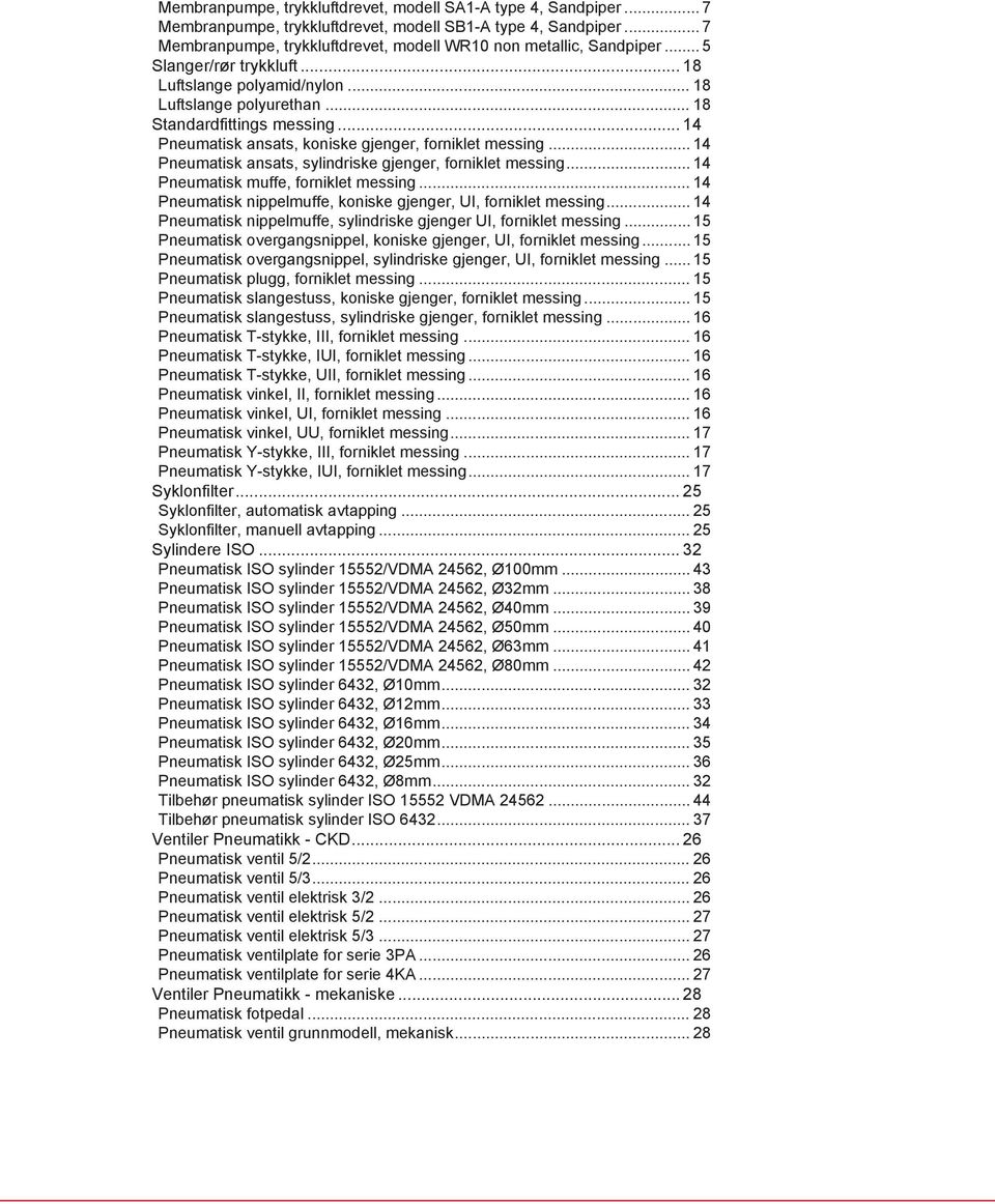 .. 14 Pneumatisk ansats, sylindriske gjenger, forniklet messing... 14 Pneumatisk muffe, forniklet messing... 14 Pneumatisk nippelmuffe, koniske gjenger, UI, forniklet messing.