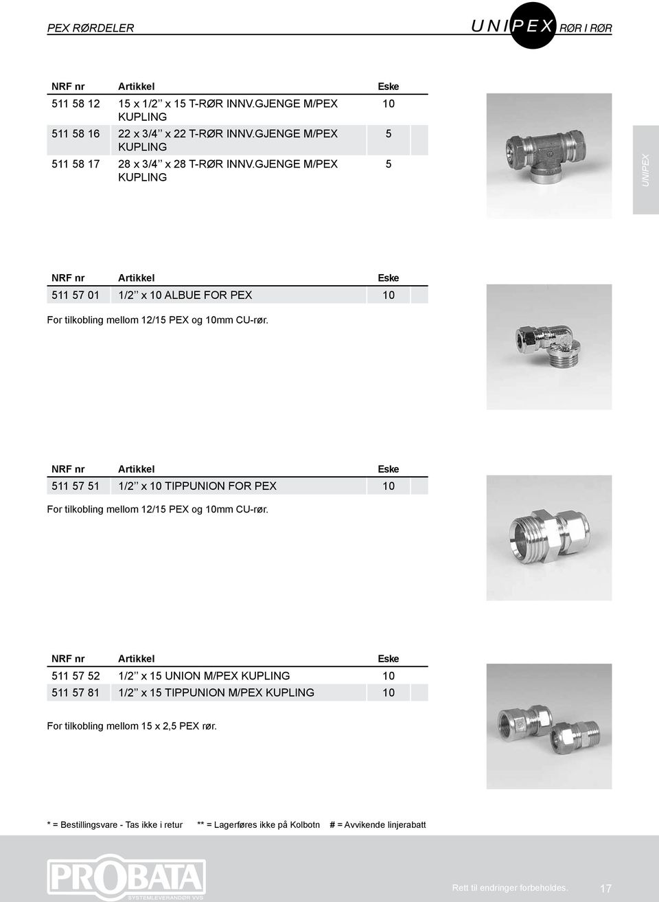 GJENGE M/PEX KUPLING 5 UNIPEX 511 57 01 1/2 x 10 ALBUE FOR PEX 10 For tilkobling mellom 12/15 PEX og 10mm CU-rør.