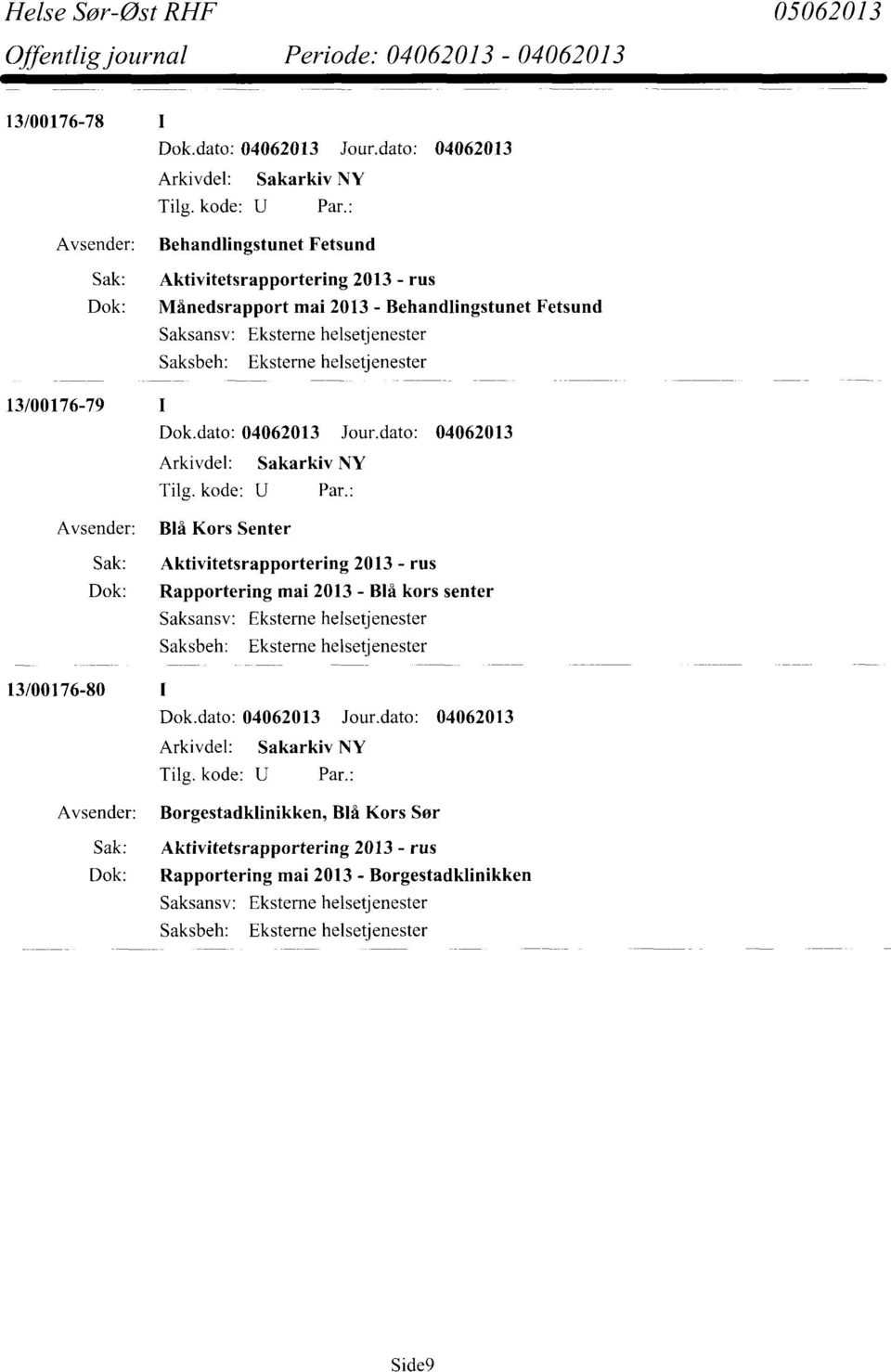 Kors Senter Sak: Aktivitetsrapportering 2013 - rus Dok: Rapportering mai 2013 - Blå kors senter 13/00176-80