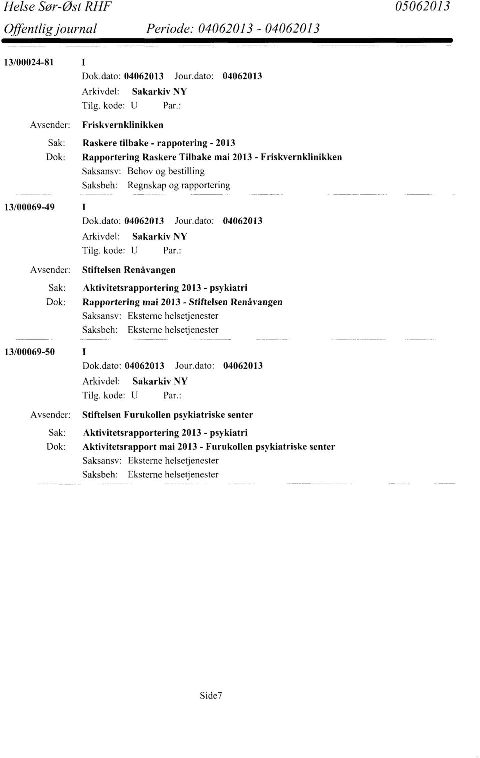 13/00069-49 Stiftelsen Renåvangen Sak: Aktivitetsrapportering 2013 - psykiatri Dok: Rapportering mai 2013 - Stiftelsen Renåvangen 13/00069-50