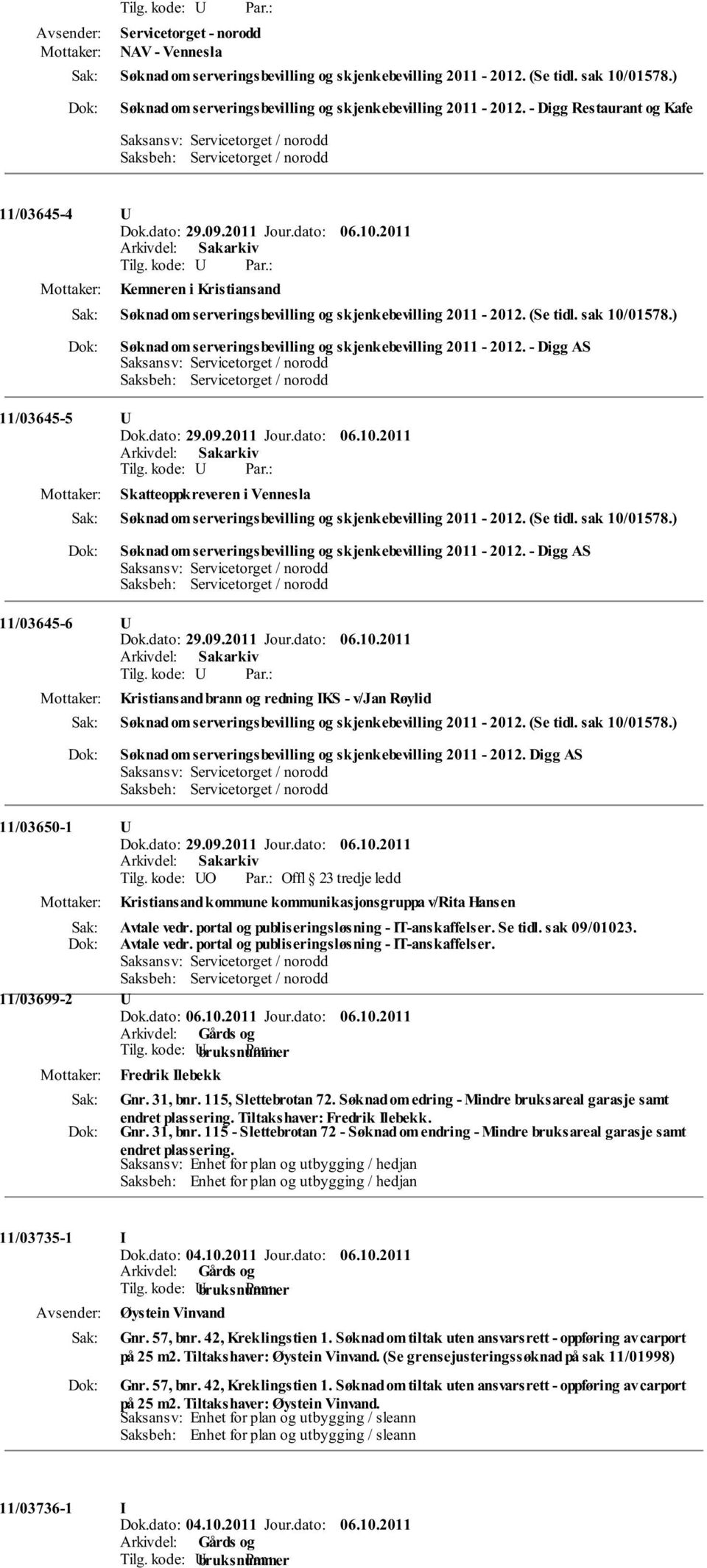 ) Søknad om serveringsbevilling og skjenkebevilling 2011-2012. - Digg AS 11/03645-5 U Skatteoppkreveren i Vennesla Søknad om serveringsbevilling og skjenkebevilling 2011-2012. (Se tidl. sak 10/01578.