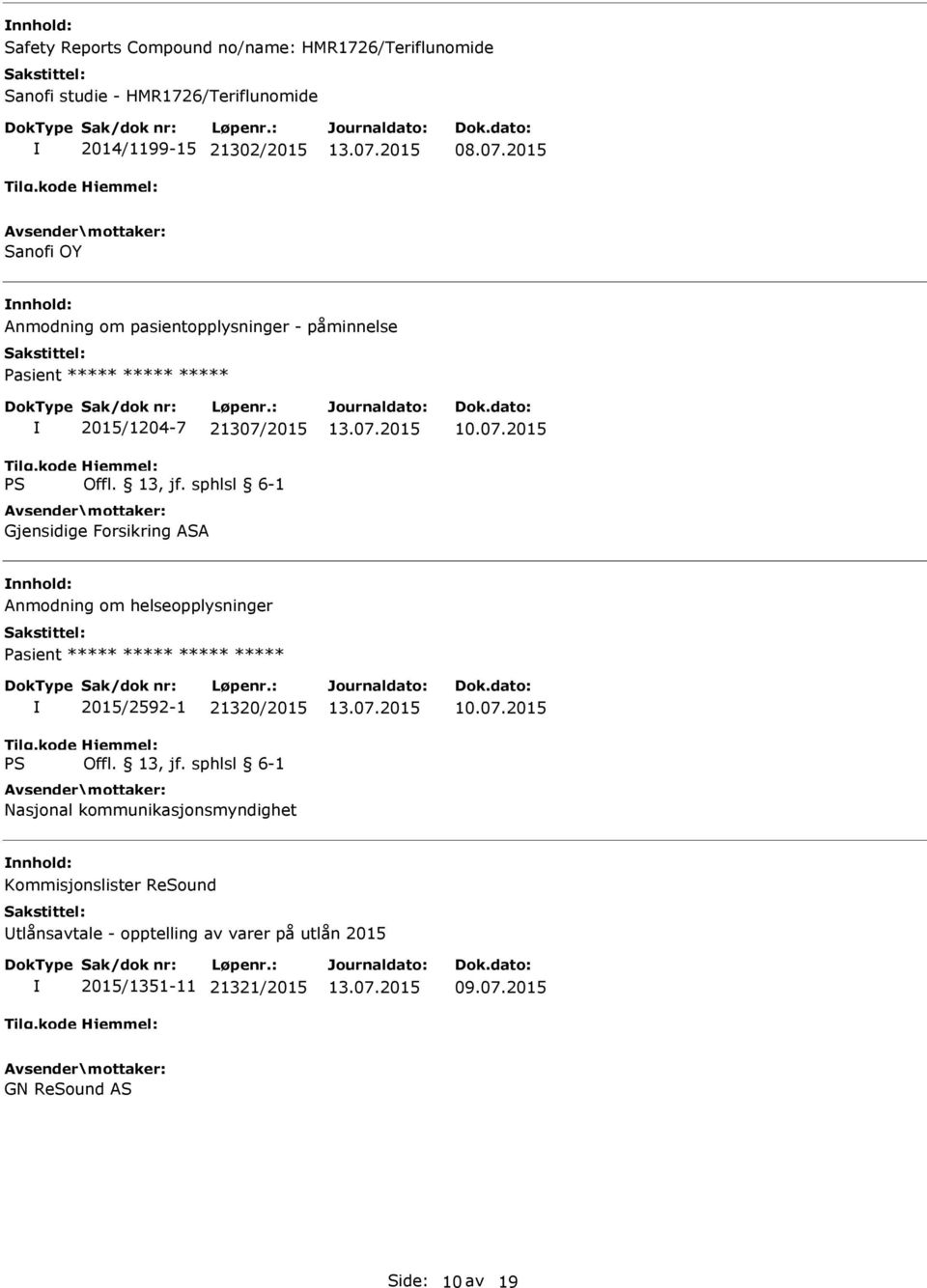 2015 Sanofi OY Anmodning om pasientopplysninger - påminnelse Pasient ***** ***** ***** 2015/1204-7 21307/2015