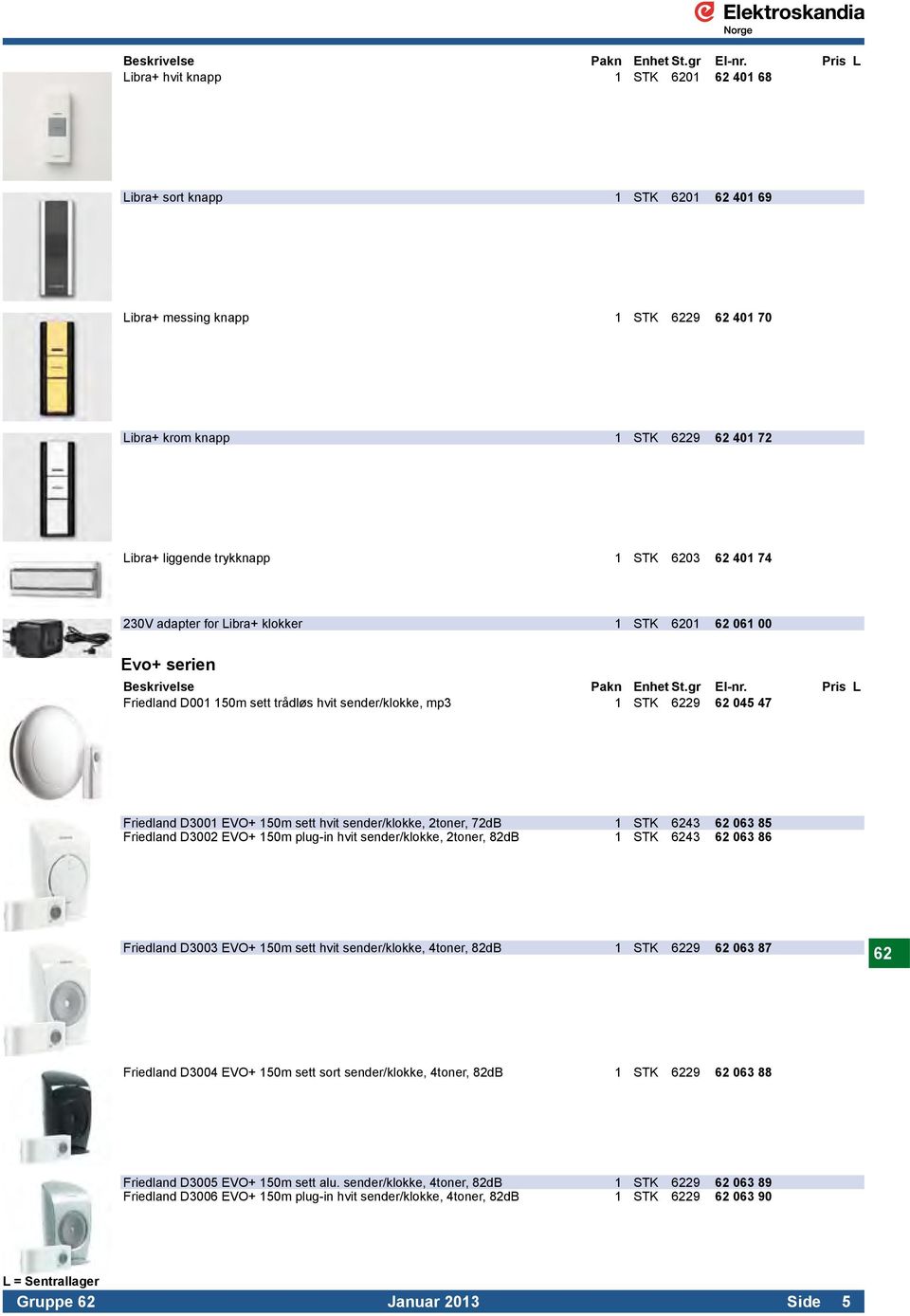 sender/klokke, 2toner, 72dB 1 STK 6243 62 063 85 Friedland D3002 EVO+ 150m plug-in hvit sender/klokke, 2toner, 82dB 1 STK 6243 62 063 86 Friedland D3003 EVO+ 150m sett hvit sender/klokke, 4toner,