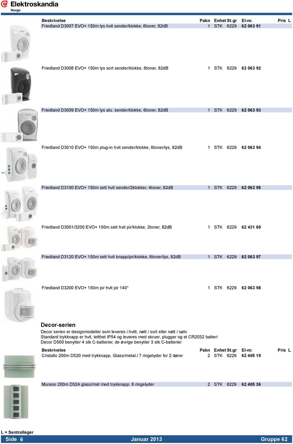 4toner, 82dB 1 STK 6229 62 063 95 Friedland D3001/3200 EVO+ 150m sett hvit pir/klokke, 2toner, 82dB 1 STK 6229 62 431 69 Friedland D3120 EVO+ 150m sett hvit knapp/pir/klokke, 6toner/lys, 82dB 1 STK