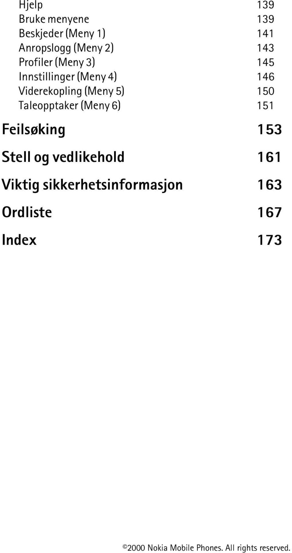 Viderekopling (Meny 5) 150 Taleopptaker (Meny 6) 151 Feilsøking 153