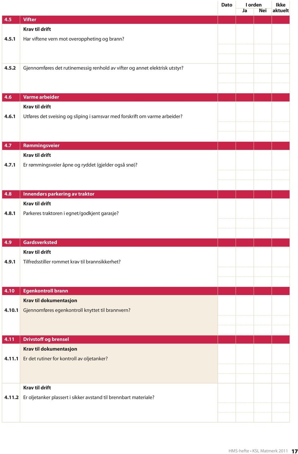 8.1 Parkeres traktoren i egnet/godkjent garasje? 4.9 Gardsverksted 4.9.1 Tilfredsstiller rommet krav til brannsikkerhet? 4.10 Egenkontroll brann Krav til dokumentasjon 4.10.1 Gjennomføres egenkontroll knyttet til brannvern?