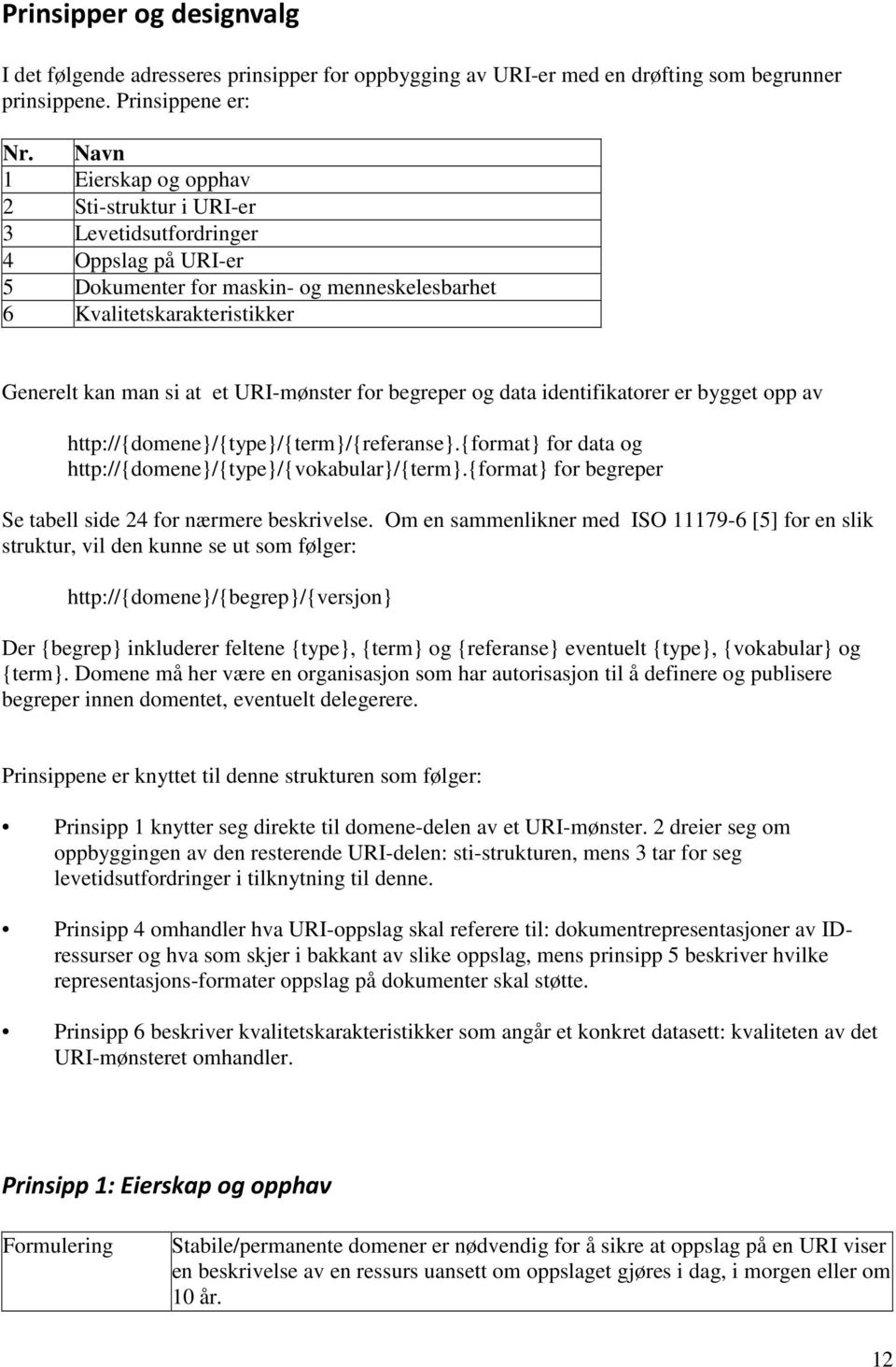 URI-mønster for begreper og data identifikatorer er bygget opp av http://{domene}/{type}/{term}/{referanse}.{format} for data og http://{domene}/{type}/{vokabular}/{term}.