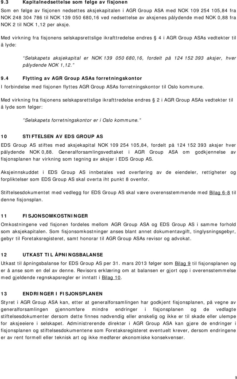 Med virkning fra fisjonens selskapsrettslige ikrafttredelse endres 4 i AGR Group ASAs vedtekter til å lyde: Selskapets aksjekapital er NOK 139 050 680,16, fordelt på 124 152 393 aksjer, hver