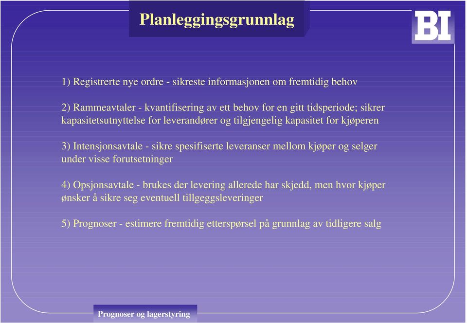 spesifiserte leveranser mellom kjøper og selger under visse forutsetninger 4) Opsjonsavtale - brukes der levering allerede har skjedd,