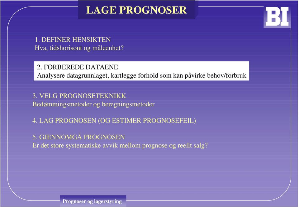 behov/forbruk 3. VELG PROGNOSETEKNIKK Bedømmingsmetoder og beregningsmetoder 4.