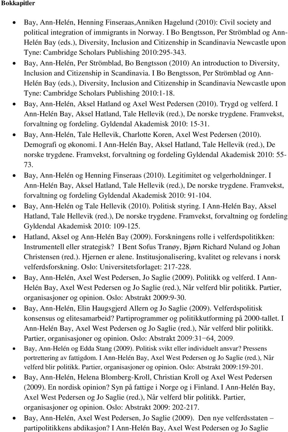 Bay, Ann-Helén, Per Strömblad, Bo Bengtsson (2010) An introduction to Diversity, Inclusion and Citizenship in Scandinavia. I Bo Bengtsson, Per Strömblad og Ann- Helén Bay (eds.