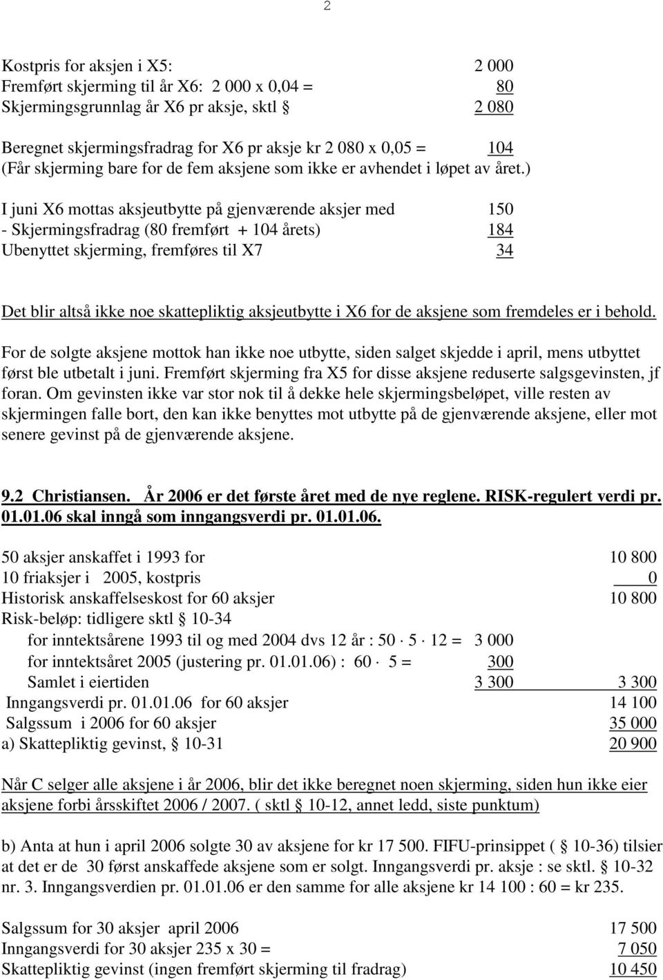 ) I juni X6 mottas aksjeutbytte på gjenværende aksjer med 150 - Skjermingsfradrag (80 fremført + 104 årets) 184 Ubenyttet skjerming, fremføres til X7 34 Det blir altså ikke noe skattepliktig