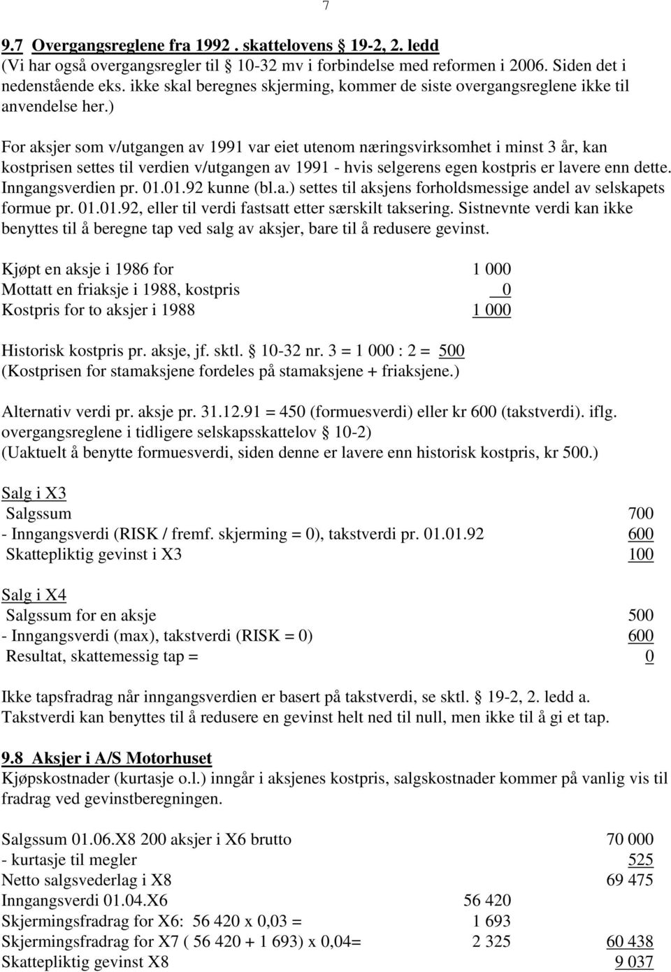 ) 7 For aksjer som v/utgangen av 1991 var eiet utenom næringsvirksomhet i minst 3 år, kan kostprisen settes til verdien v/utgangen av 1991 - hvis selgerens egen kostpris er lavere enn dette.