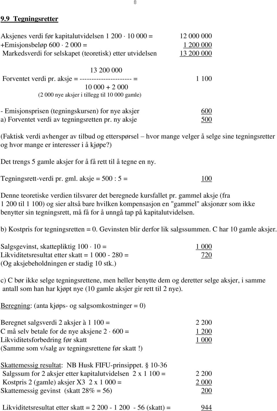 aksje = ---------------------- = 1 100 10 000 + 2 000 (2 000 nye aksjer i tillegg til 10 000 gamle) - Emisjonsprisen (tegningskursen) for nye aksjer 600 a) Forventet verdi av tegningsretten pr.