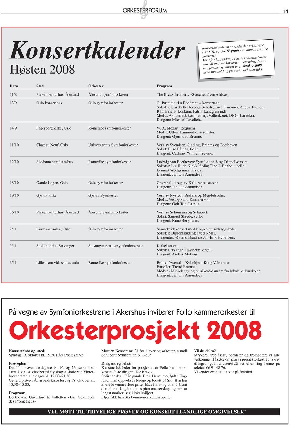 Dato Sted Orkester Program 31/8 Parken kulturhus, Ålesund Ålesund symfoniorkester The Brazz Brothers: «Scetches from Africa» 13/9 Oslo konserthus Oslo symfoniorkester G.