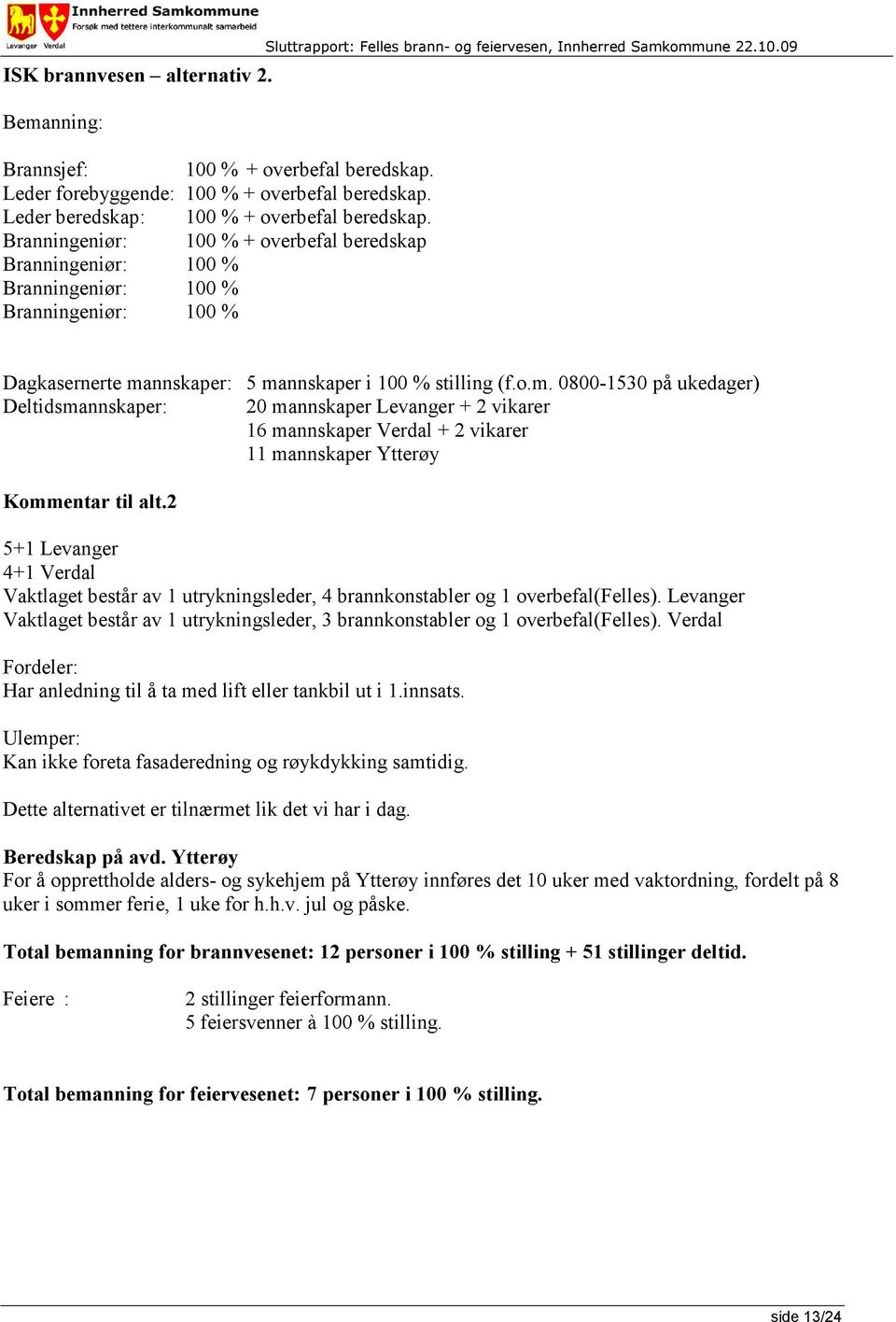 o.m. 0800-1530 på ukedager) Deltidsmannskaper: 20 mannskaper Levanger + 2 vikarer 16 mannskaper Verdal + 2 vikarer 11 mannskaper Ytterøy Kommentar til alt.