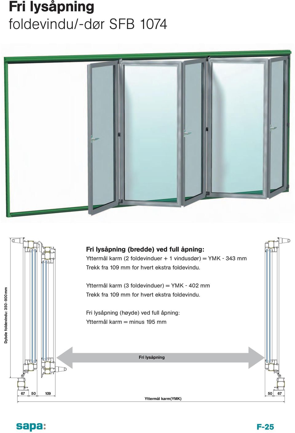 Dybde foldevindu: 350-900 mm Yttermål karm (3 foldevinduer) = YMK - 402 mm Trekk fra 109 mm for hvert