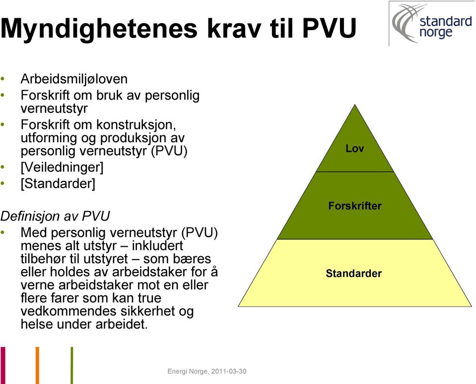 verneutstyr (PVU) menes alt utstyr inkludert tilbehør til utstyret som bæres eller holdes av arbeidstaker for å verne