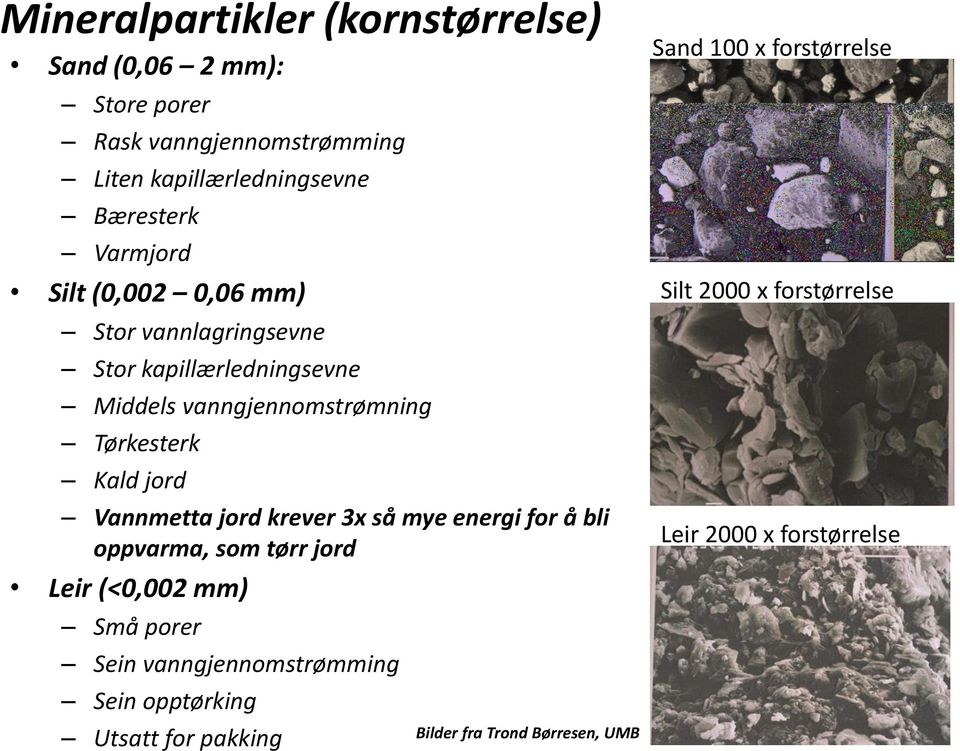 Vannmetta jord krever 3x så mye energi for å bli oppvarma, som tørr jord Leir (<0,002 mm) Små porer Sein vanngjennomstrømming