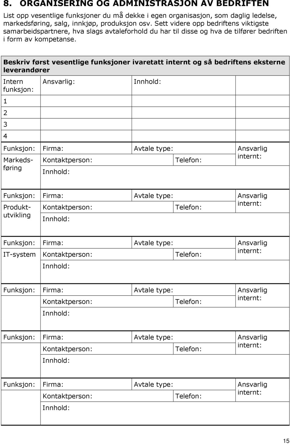 Beskriv først vesentlige funksjoner ivaretatt internt og så bedriftens eksterne leverandører Intern funksjon: 1 2 3 4 Ansvarlig: Funksjon: Firma: Kontaktperson: Innhold: Innhold: Avtale type: