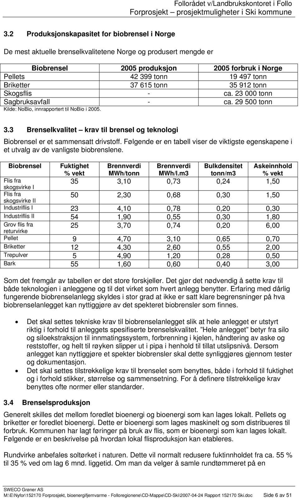 Følgende er en tabell viser de viktigste egenskapene i et utvalg av de vanligste biobrenslene. Biobrensel Fuktighet % vekt Brennverdi MWh/tonn Brennverdi MWh/l.