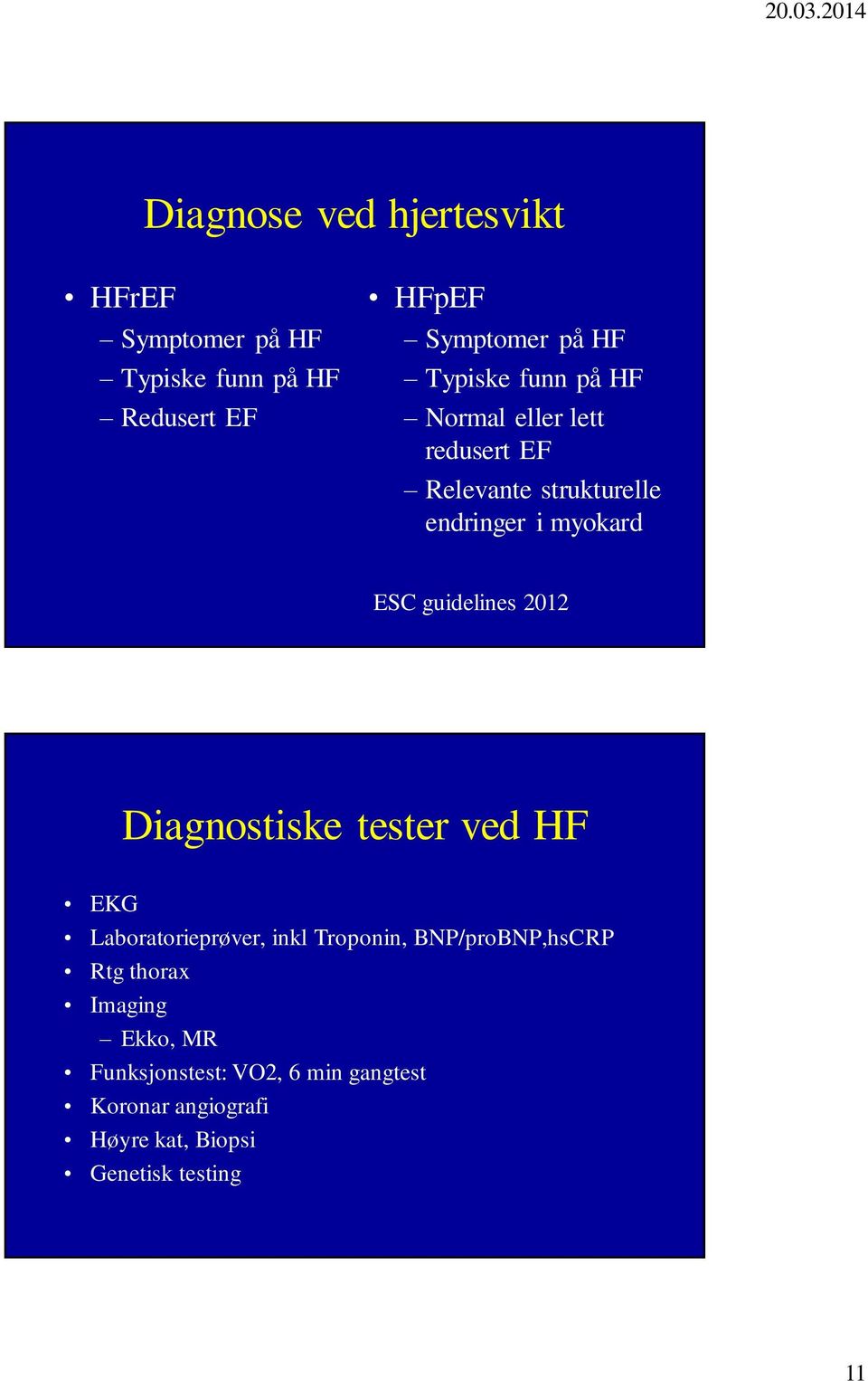 guidelines 2012 Diagnostiske tester ved HF EKG Laboratorieprøver, inkl Troponin, BNP/proBNP,hsCRP Rtg