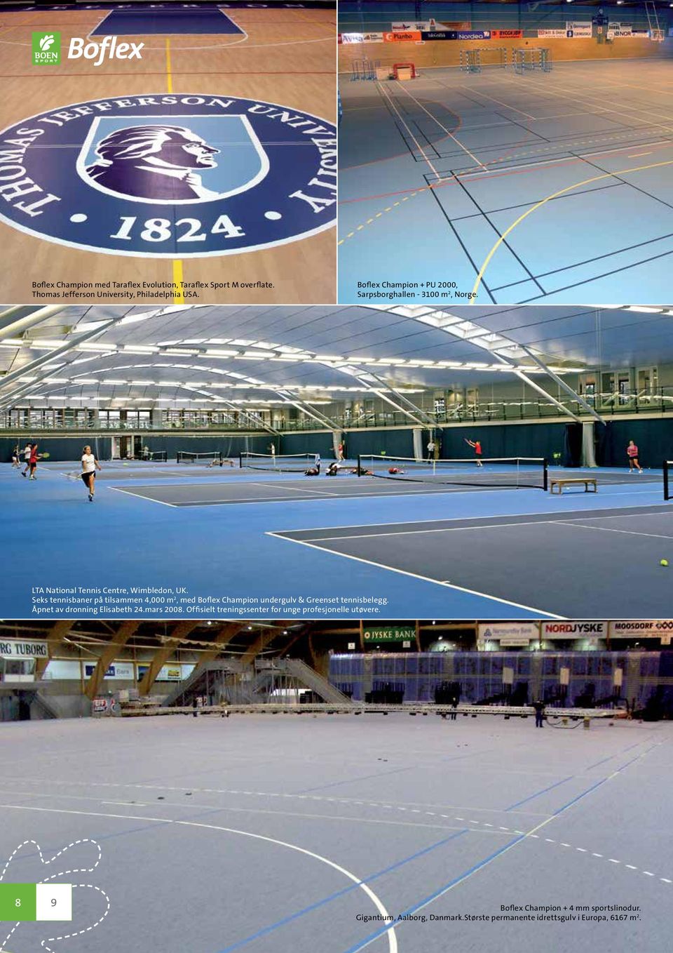 Seks tennisbaner på tilsammen 4,000 m 2, med Boflex Champion undergulv & Greenset tennisbelegg. Åpnet av dronning Elisabeth 24.