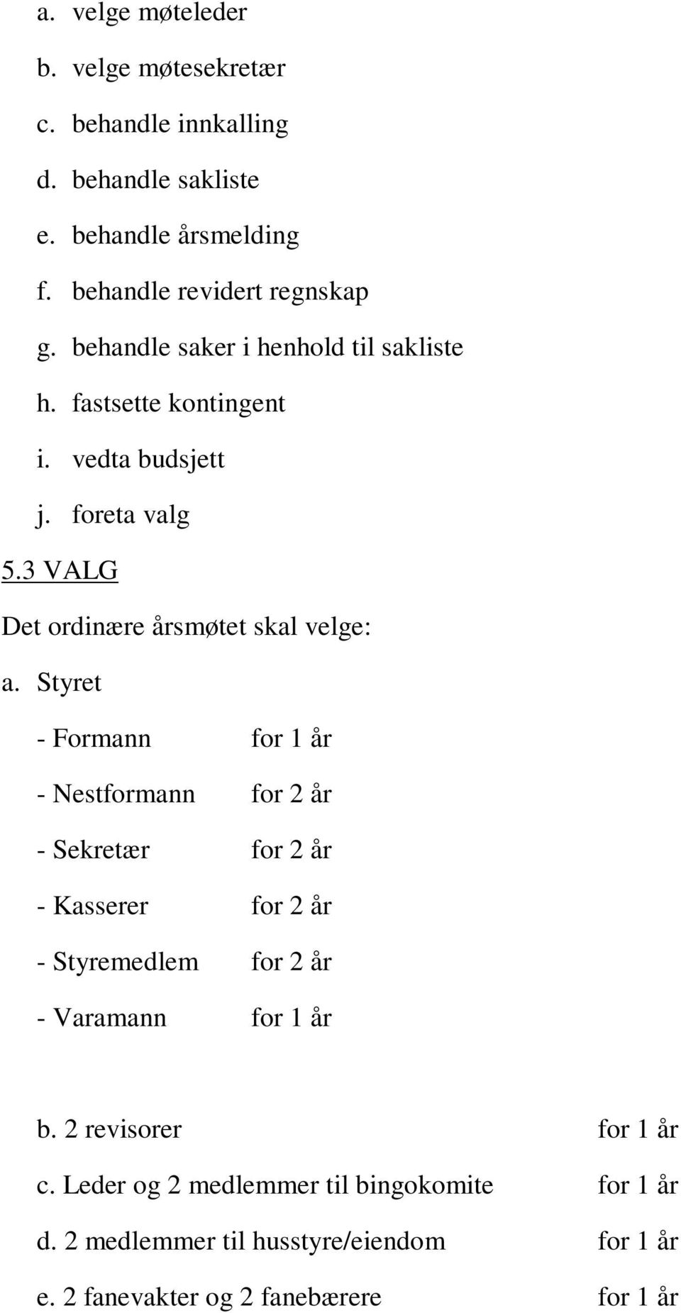 Styret - Formann for 1 år - Nestformann for 2 år - Sekretær for 2 år - Kasserer for 2 år - Styremedlem for 2 år - Varamann for 1 år b.