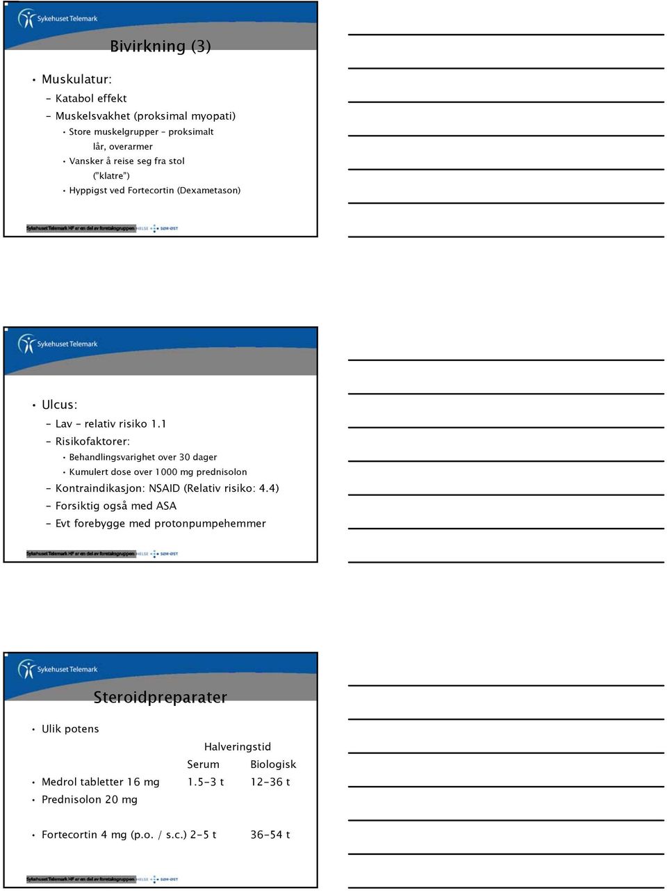 1 Risikofaktorer: Behandlingsvarighet over 30 dager Kumulert dose over 1000 mg prednisolon Kontraindikasjon: NSAID (Relativ risiko: 4.