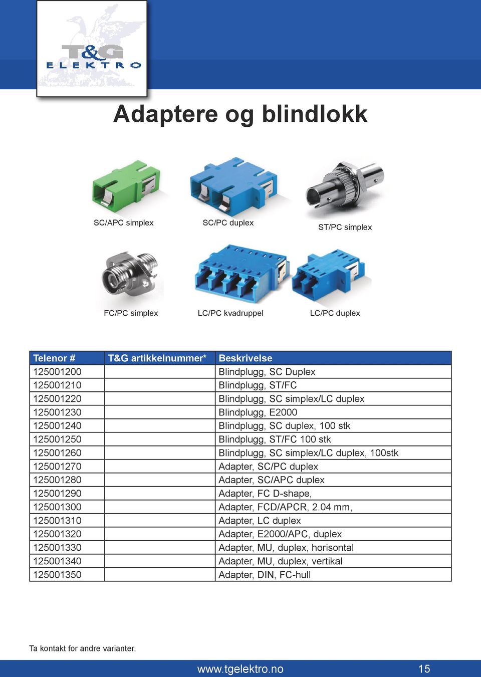 duplex, 100stk 125001270 Adapter, SC/PC duplex 125001280 Adapter, SC/APC duplex 125001290 Adapter, FC D-shape, 125001300 Adapter, FCD/APCR, 2.