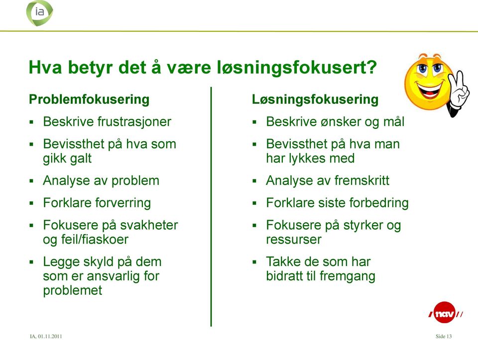 Fokusere på svakheter og feil/fiaskoer Legge skyld på dem som er ansvarlig for problemet Løsningsfokusering