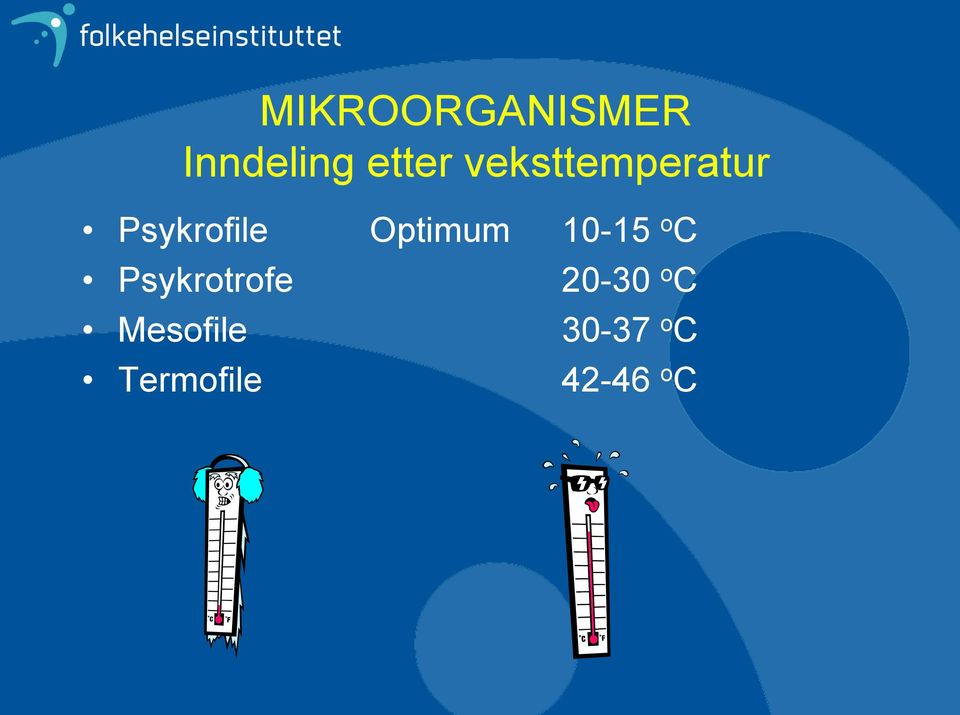 10-15 o C Psykrotrofe Mesofile