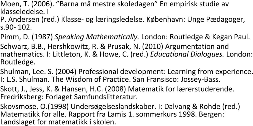 ) Educational Dialogues.London: Routledge. Shulman, Lee. S. (2004) Professional development: Learning from experience. I: L.S. Shulman. The Wisdom of Practice. San Fransisco: Jossey-Bass. Skott, J.
