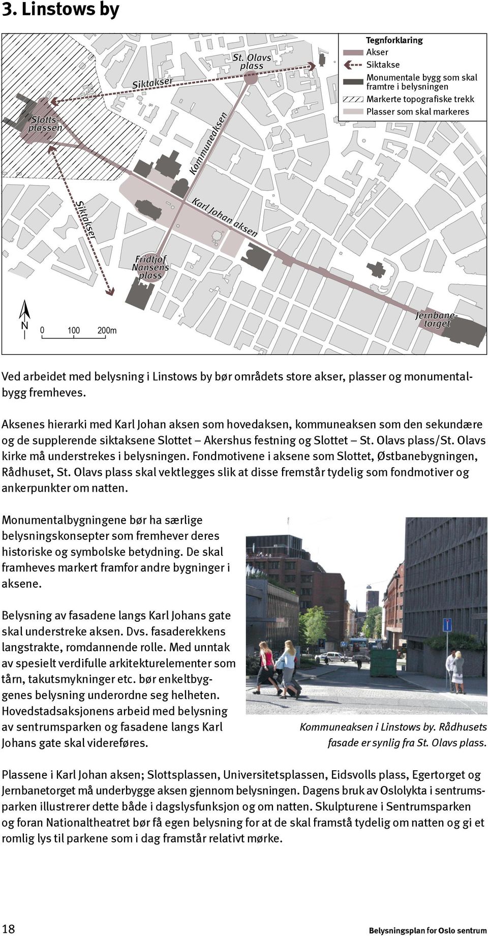 100 200m Jernbanetorget Ved arbeidet med belysning i Linstows by bør områdets store akser, plasser og monumentalbygg fremheves.