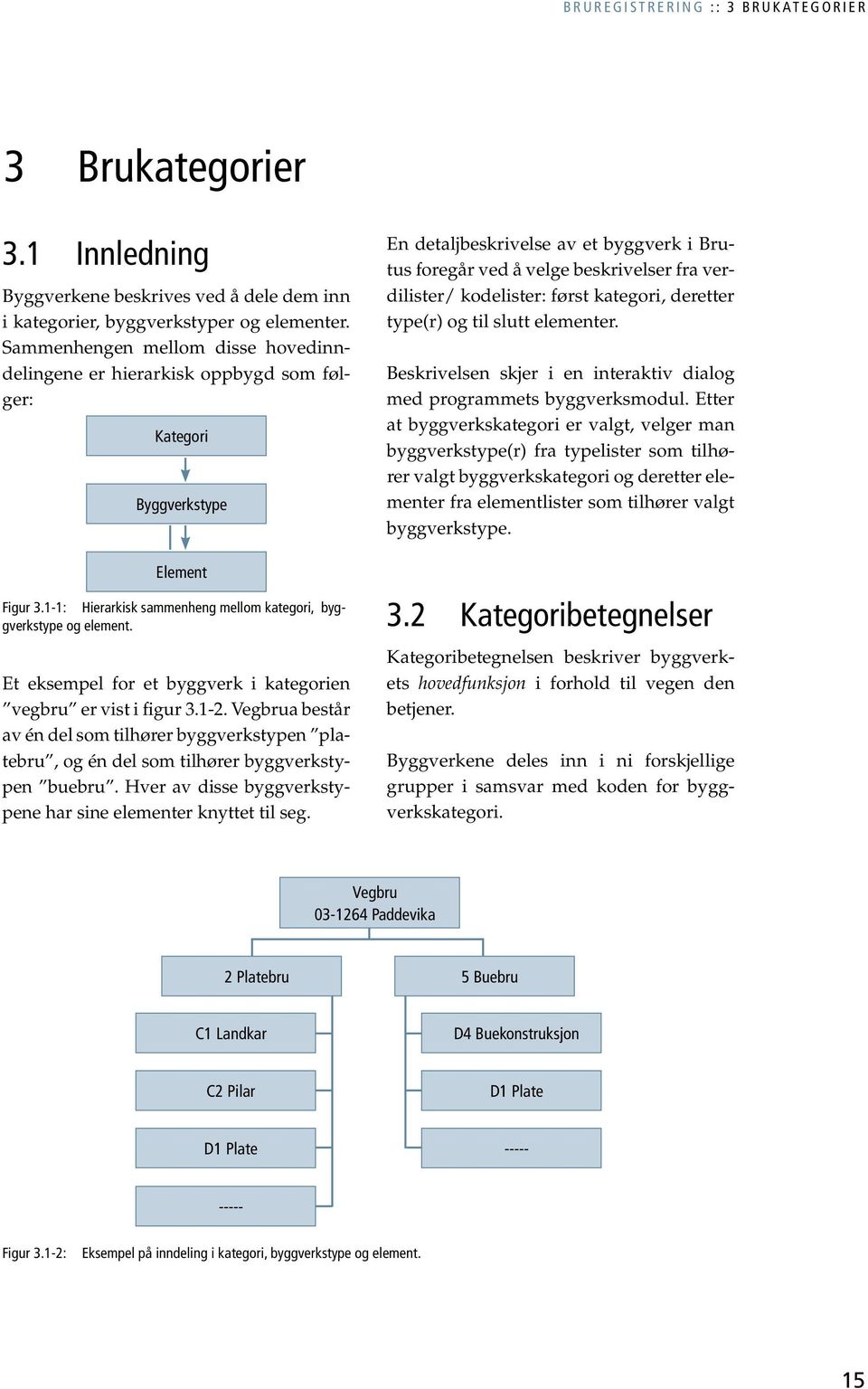 Et eksempel for et byggverk i kategorien vegbru er vist i figur 3.1-2. Vegbrua består av én del som tilhører byggverkstypen platebru, og én del som tilhører byggverkstypen buebru.