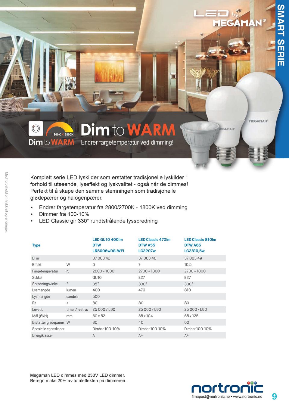 Endrer fargetemperatur fra 2800/2700K - 1800K ved dimming Dimmer fra 100-10% LED Classic gir 330 rundtstrålende lysspredning LED GU10 400lm DTW LR5006wDG-WFL LED Classic 470lm DTW A55 LG2207w LED