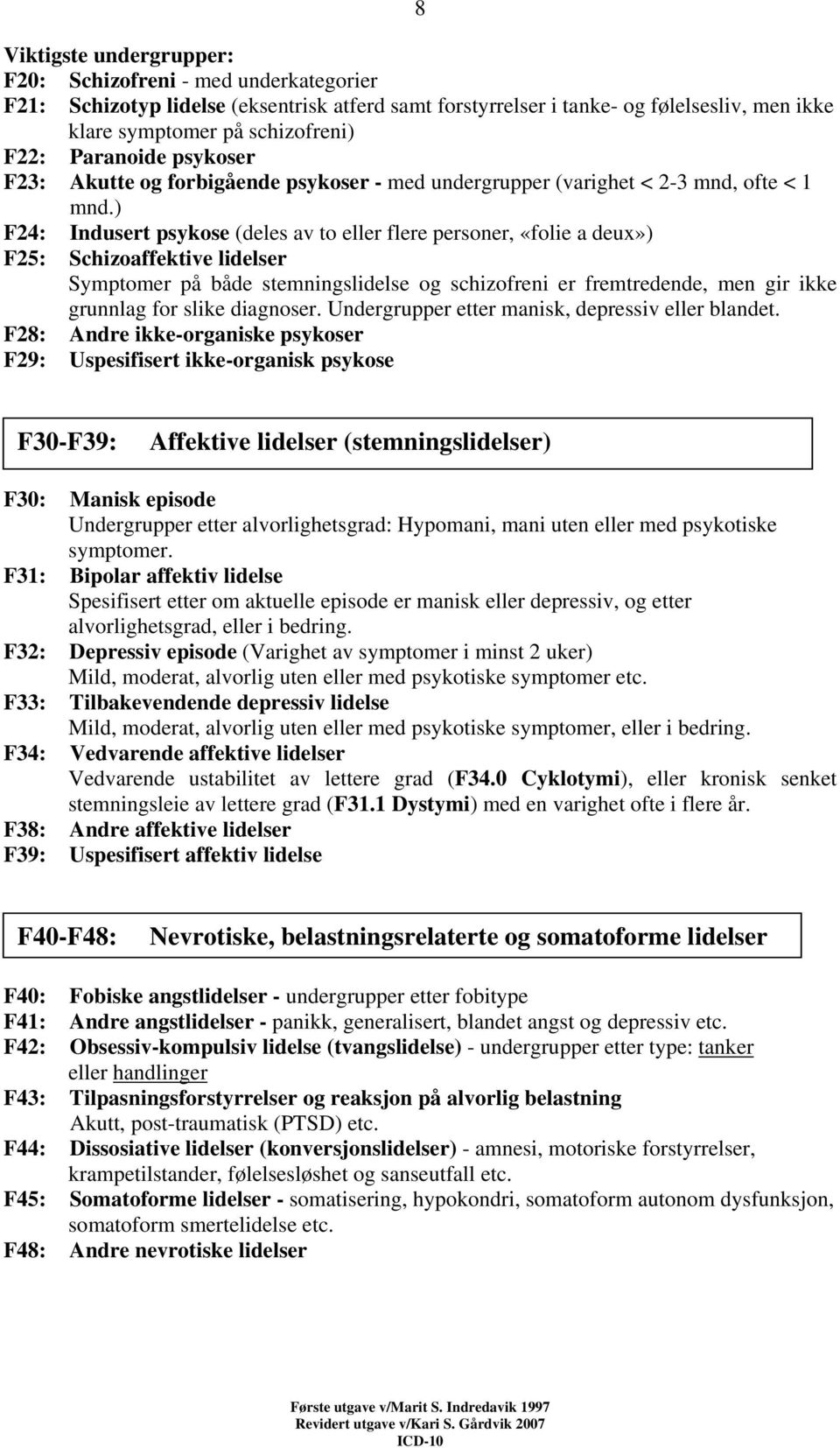 ) F24: Indusert psykose (deles av to eller flere personer, «folie a deux») F25: Schizoaffektive lidelser Symptomer på både stemningslidelse og schizofreni er fremtredende, men gir ikke grunnlag for