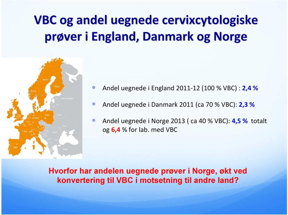 Andel uegnede i Norge 2013 ( ca 40 % VBC): 4,5 % totalt og 6,4 % for lab.