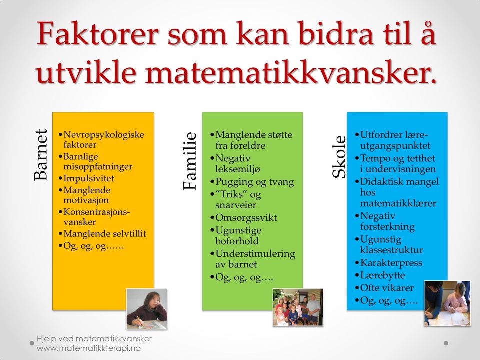 Manglende støtte fra foreldre Negativ leksemiljø Pugging og tvang Triks og snarveier Omsorgssvikt Ugunstige boforhold Understimulering av