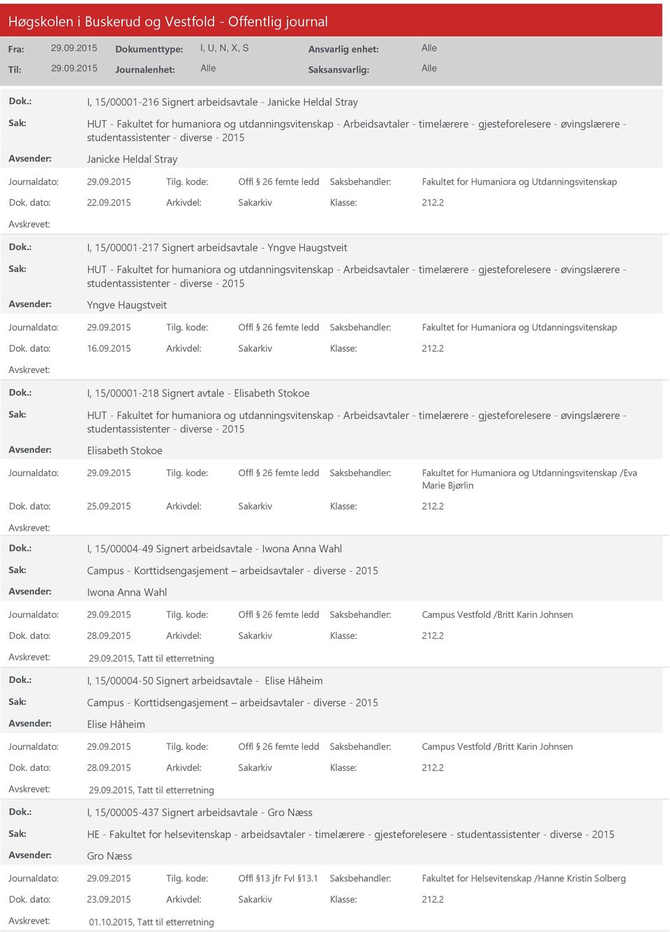 2015 Arkivdel: Sakarkiv I, 15/00001-217 Signert arbeidsavtale - Yngve Haugstveit HT - Fakultet for humaniora og utdanningsvitenskap - Arbeidsavtaler - timelærere - gjesteforelesere - øvingslærere -