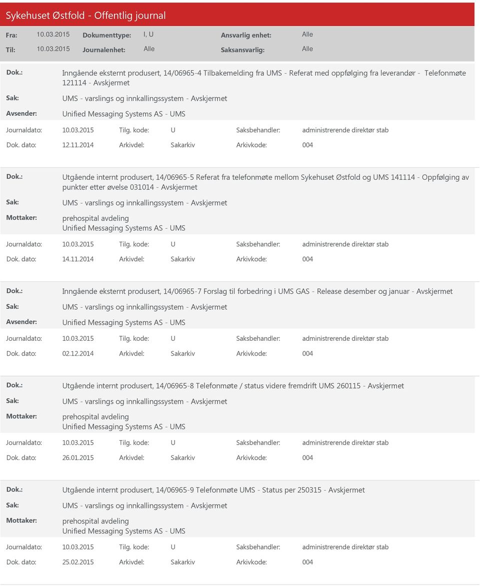 2014 Arkivdel: Sakarkiv Arkivkode: 004 tgående internt produsert, 14/06965-5 Referat fra telefonmøte mellom Sykehuset Østfold og MS 141114 - Oppfølging av punkter etter øvelse 031014 - MS - varslings