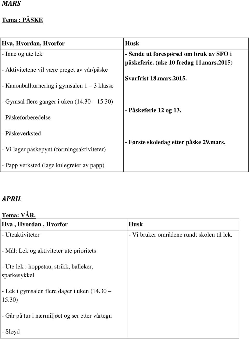 - Første skoledag etter påske 29.mars. - Papp verksted (lage kulegreier av papp) APRIL Tema: VÅR. Hva, Hvordan, Hvorfor - Uteaktiviteter - Vi bruker områdene rundt skolen til lek.