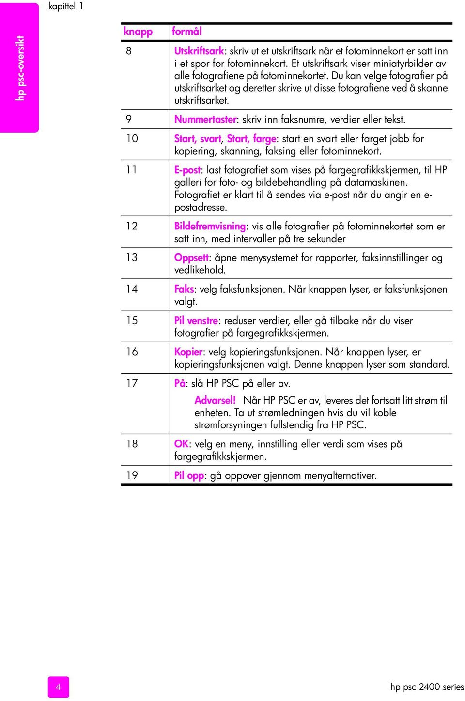 9 Nummertaster: skriv inn faksnumre, verdier eller tekst. 10 Start, svart, Start, farge: start en svart eller farget jobb for kopiering, skanning, faksing eller fotominnekort.