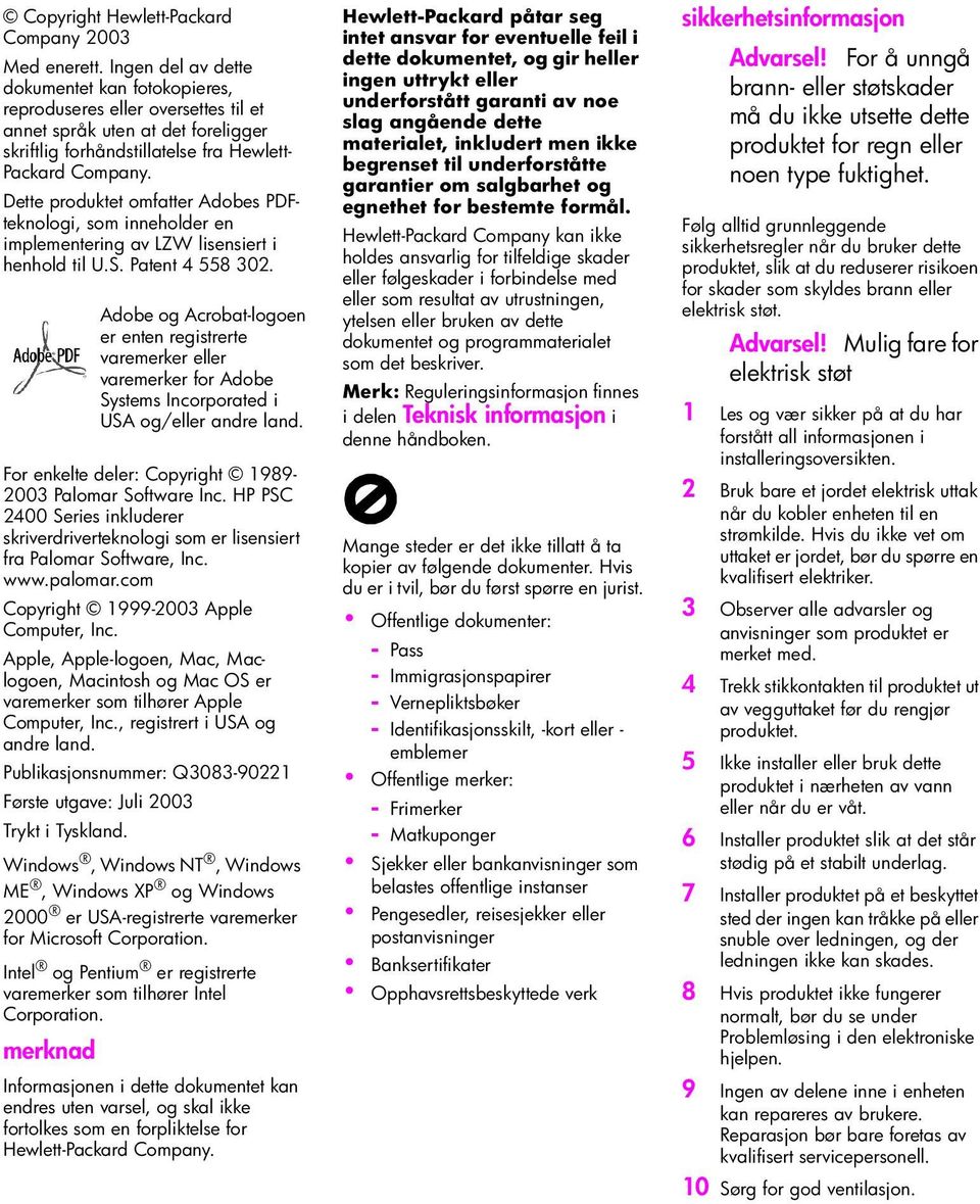 Dette produktet omfatter Adobes PDFteknologi, som inneholder en implementering av LZW lisensiert i henhold til U.S. Patent 4 558 302. For enkelte deler: Copyright 1989-2003 Palomar Software Inc.