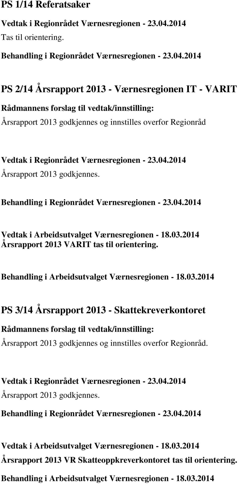 godkjennes og innstilles overfor Regionråd Årsrapport 2013 VARIT tas til